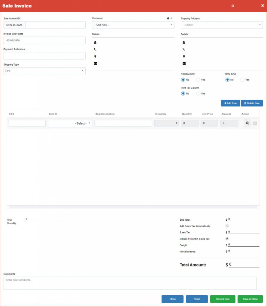 screenshot of sale invoice form